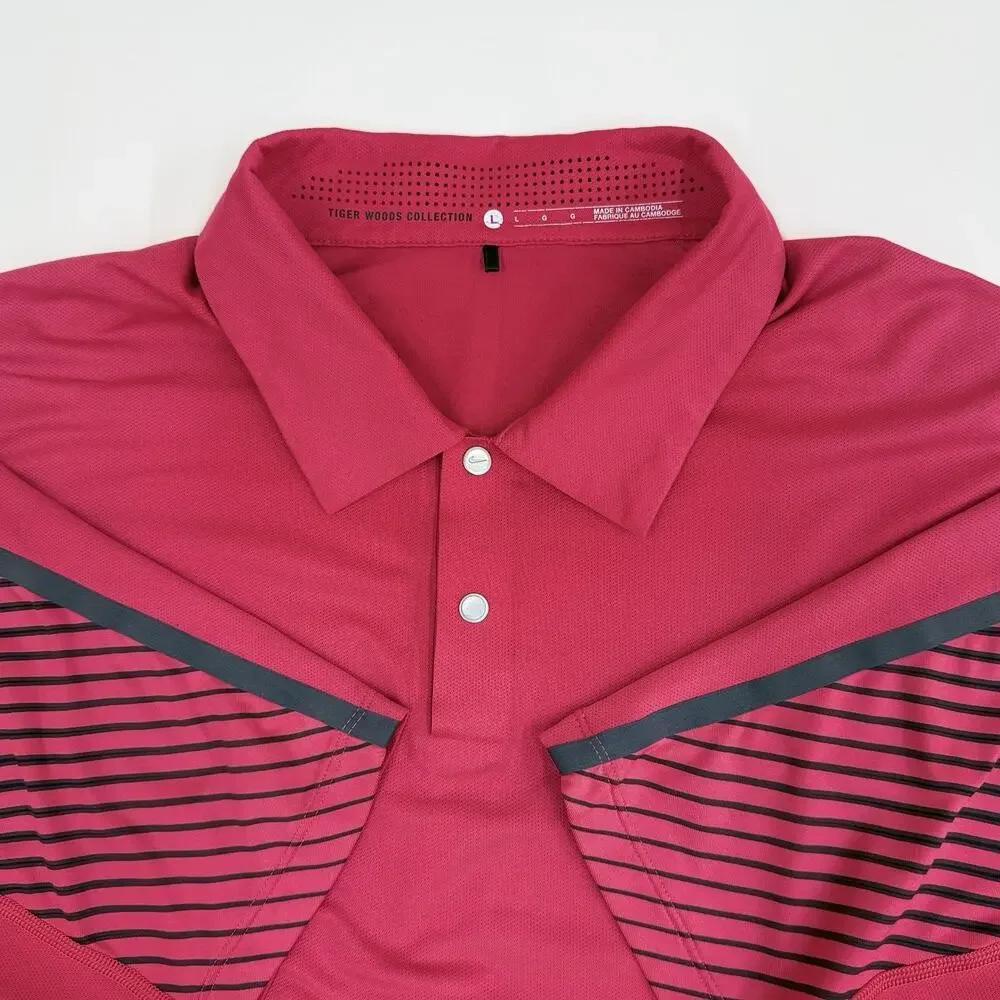 Nike Golf Tiger Woods Collection Polo Mens L Red Black Stripe Dri-Fit